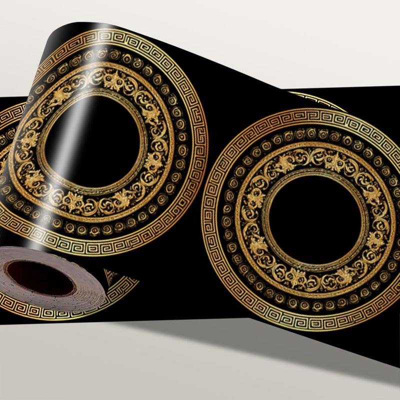 IOHEFY Black Gold Circle Wallpaper Border 196x4 Inch Peel and Stick Wall Border Self Adhesive Luxury Pattern Removable Vinyl Trim for Living Room Bedroom Bathroom Kitchen Cabinet - Image 1